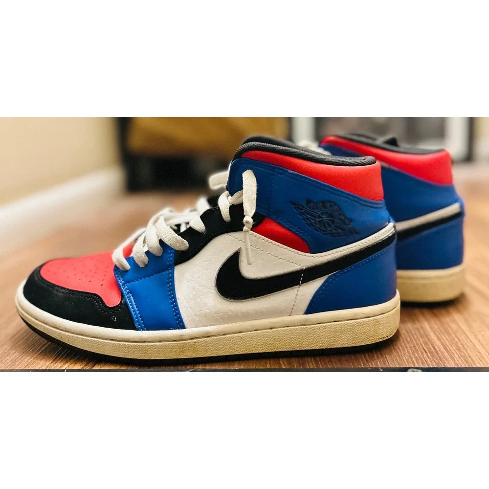Jordan 1 Mid Top 3 Mens Size 8 White Black Royal Red 554724-124